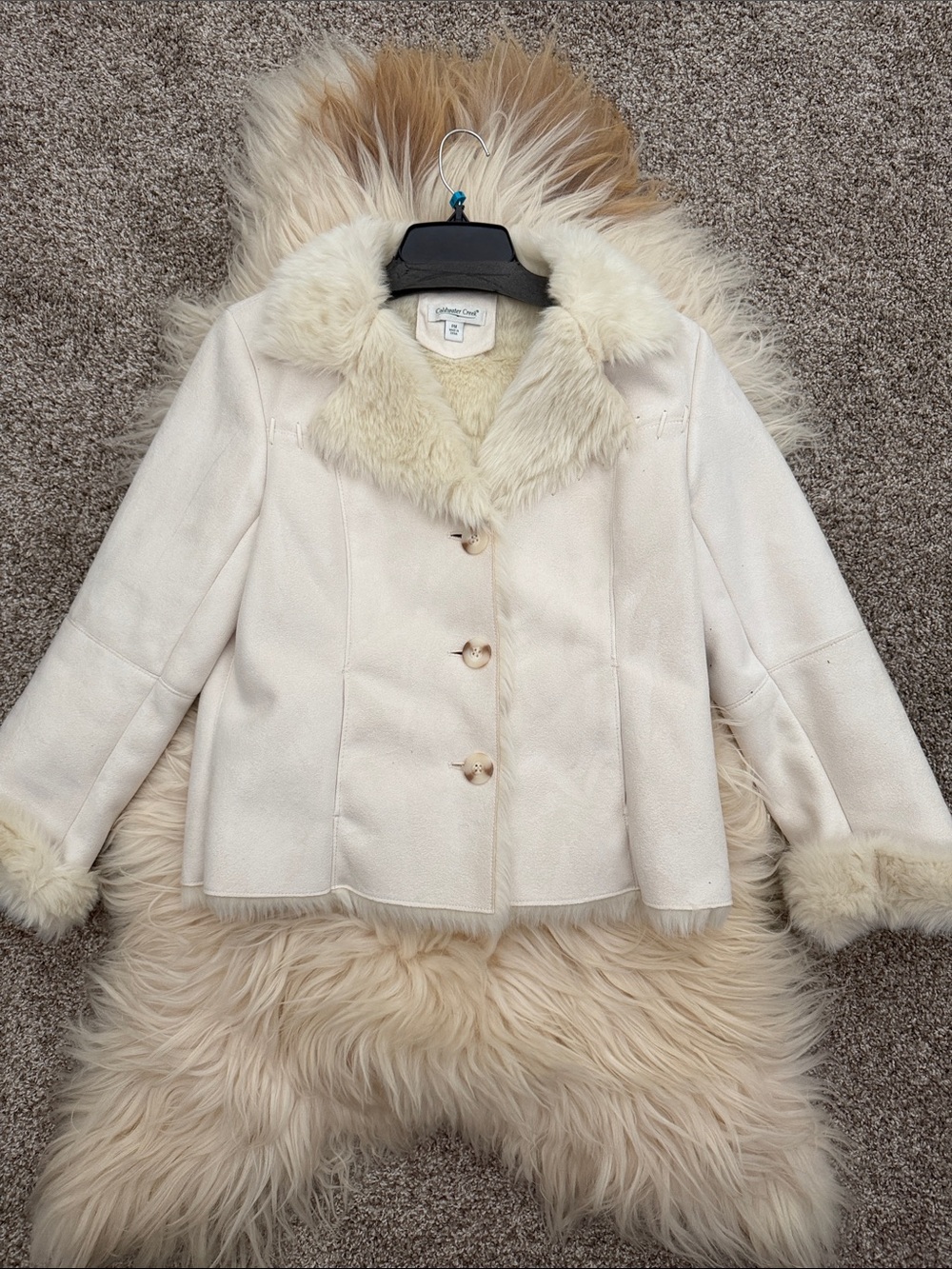 Coldwater Creek Cream Faux Fur-Trim Pea Coat